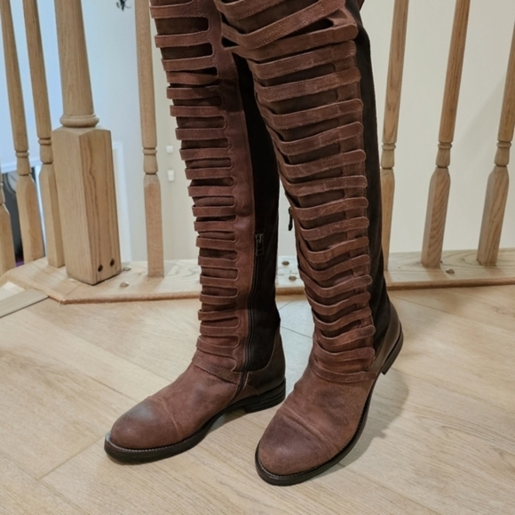 $498 Free People Forest Brown OTK Strappy Military Leather Boots - Picture 3 of 10